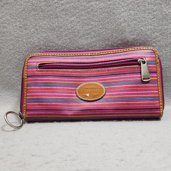FOSSIL Keyper Clutch Wallet Pink-Purple Stripe 3 Pocket Zip Around Closure Disc - Picture 14 of 14